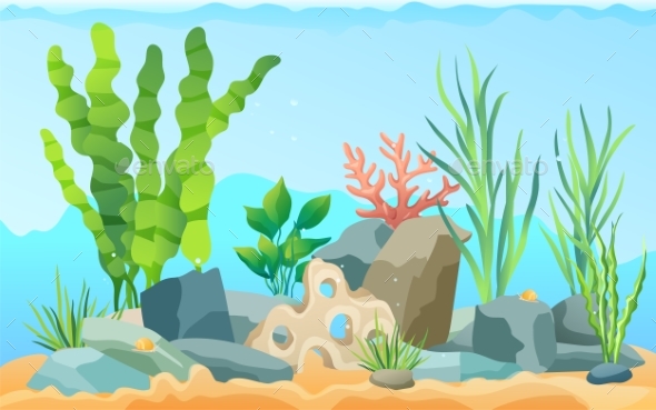 Seascape Rocks and Plants Vector Illustration - Animals Characters