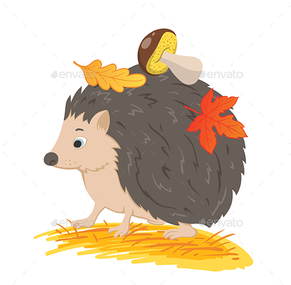 Hedgehog with Autumn Leaves and Mushroom - Animals Characters