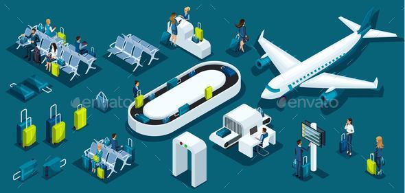 Isometry Concept for Airport, Passengers, Airplanes, Flight Attendants - Business Conceptual