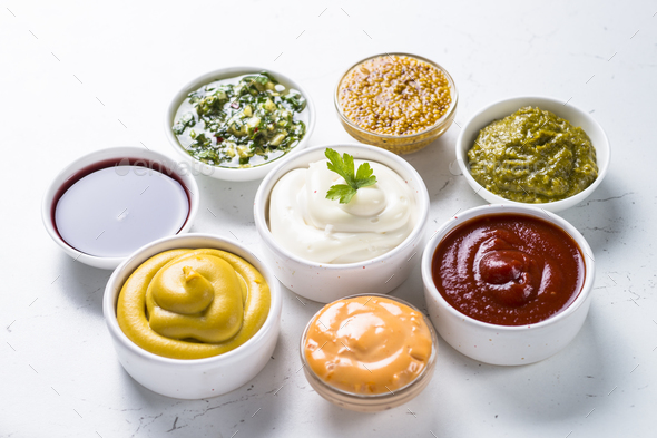 Sauce set assortment - mayonnaise, mustard, ketchup and others o Stock ...