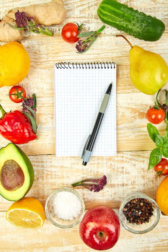 Shopping list, recipe book, diet plan. Diet or vegan food