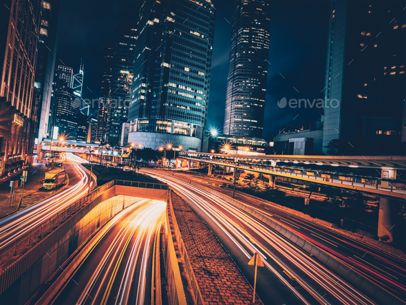 Street traffic in Hong Kong at night - Stock Photo - Images