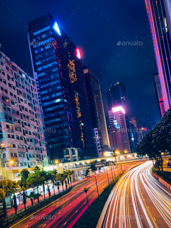 Street traffic in Hong Kong at night - Stock Photo - Images