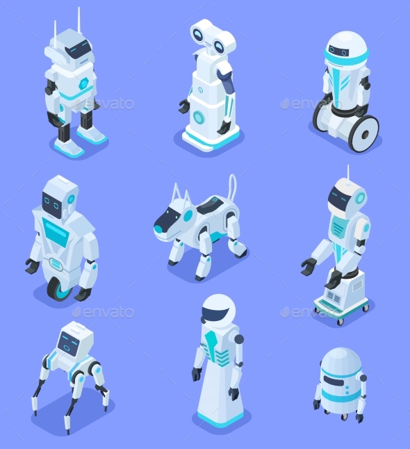 Isometric Robots. Isometric Robotic Home Assistant - Characters Vectors
