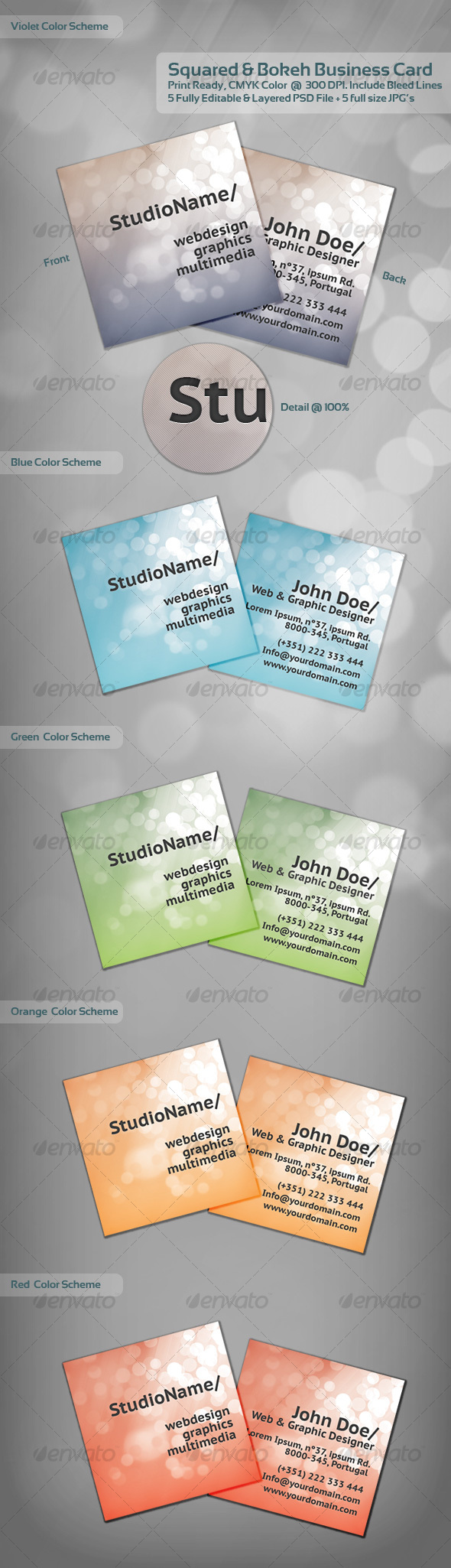 Squared & Bokeh Business Card - 1 Theme / 5 Colors - Creative Business Cards