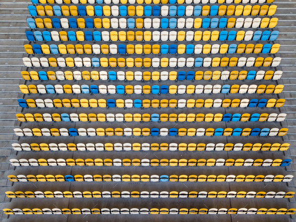 KIEV, UKRAINE - July 19, 2018.Panoramic view from drone of tribunes with yellow and blue seats of - Stock Photo - Images