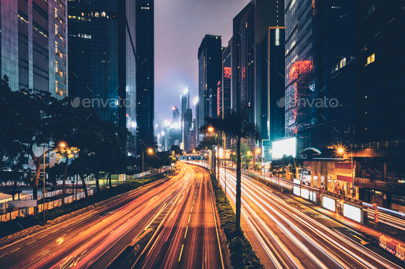 Street traffic in Hong Kong at night - Stock Photo - Images