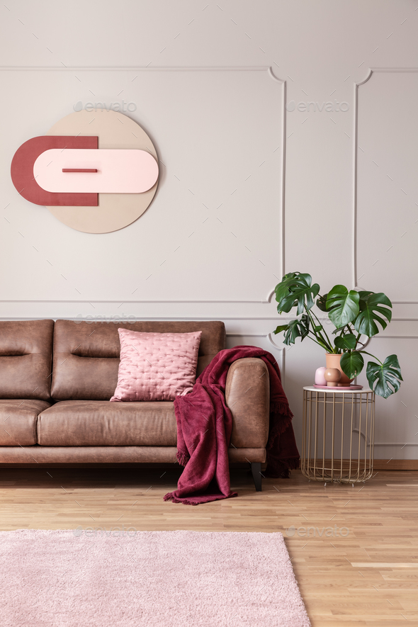 Poster Above Leather Sofa In Bright, Bright Pink Leather Sofa