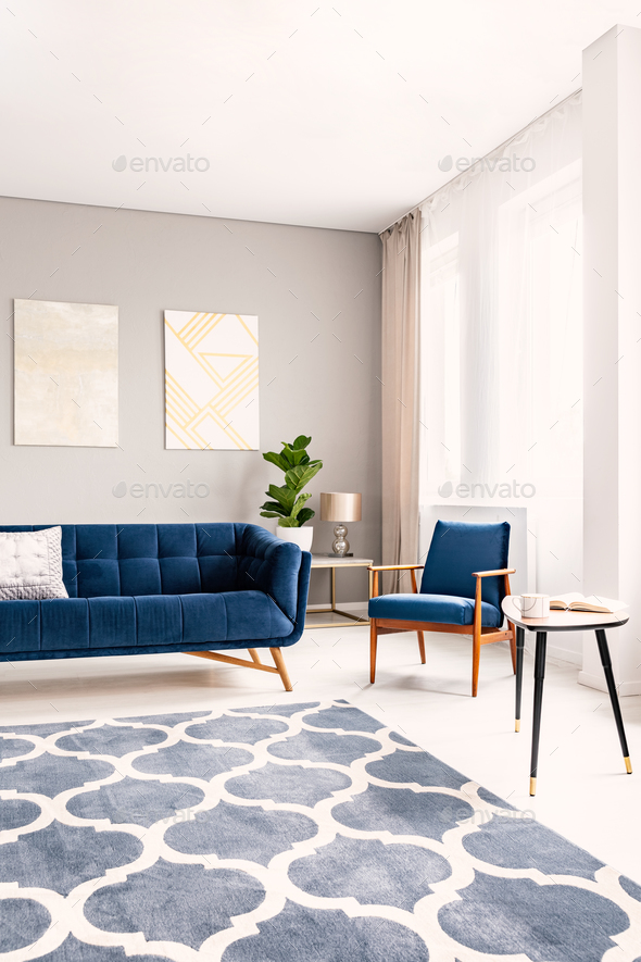 Elegant Living Room Interior With A, Living Room With Dark Blue Sofa