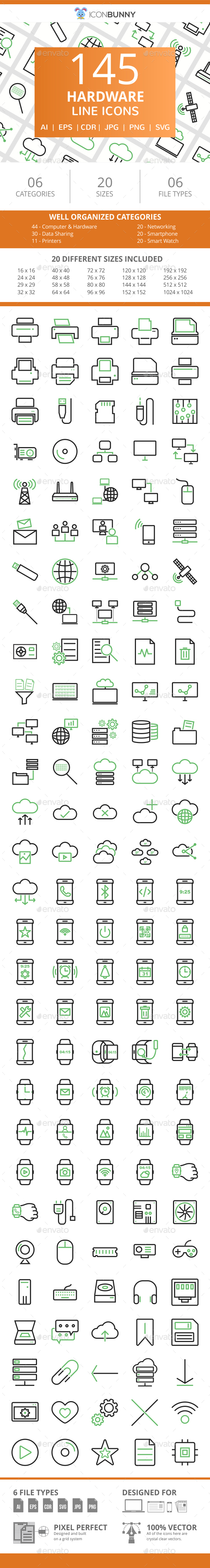 145 Hardware Line Green & Black Icons - Icons