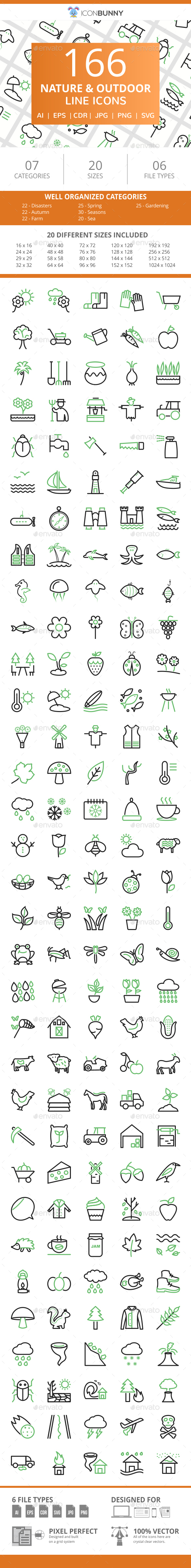 166 Nature & Outdoor Line Green & Black Icons - Icons