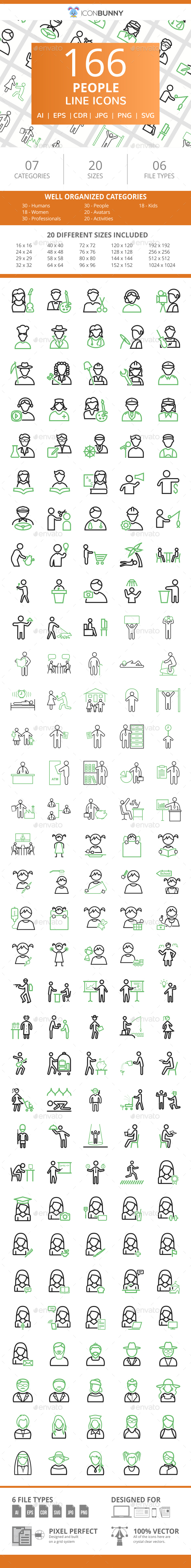 166 People Line Green & Black Icons - Icons