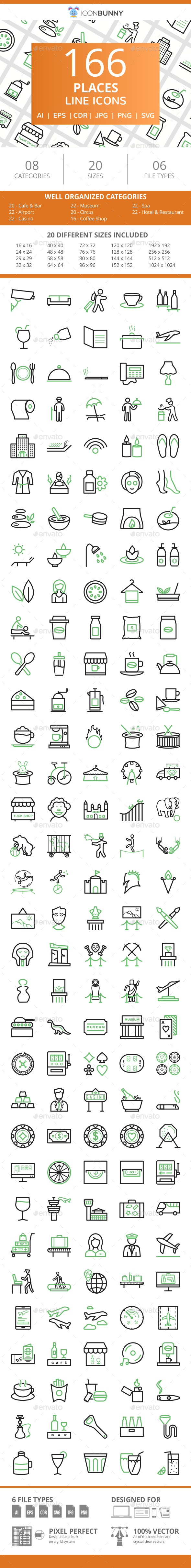 166 Places Line Green & Black Icons - Icons