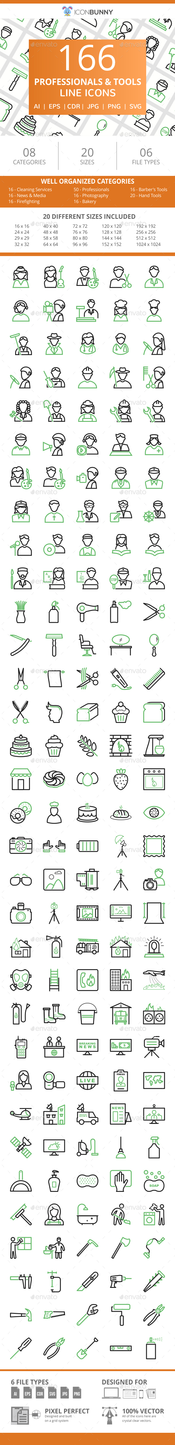 166 Professionals & their tools Line Green & Black Icons - Icons
