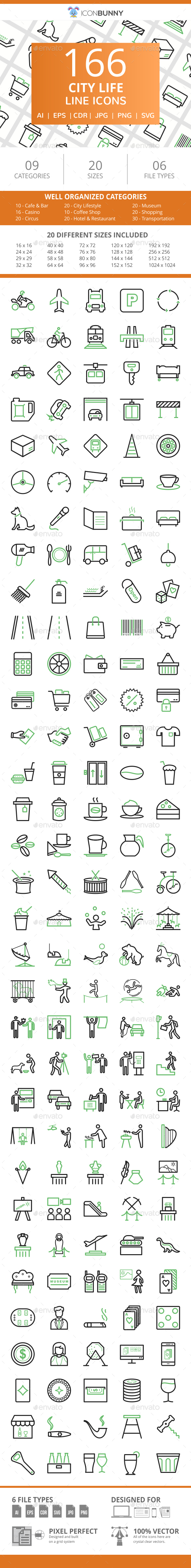 166 City Life Line Green & Black Icons - Icons