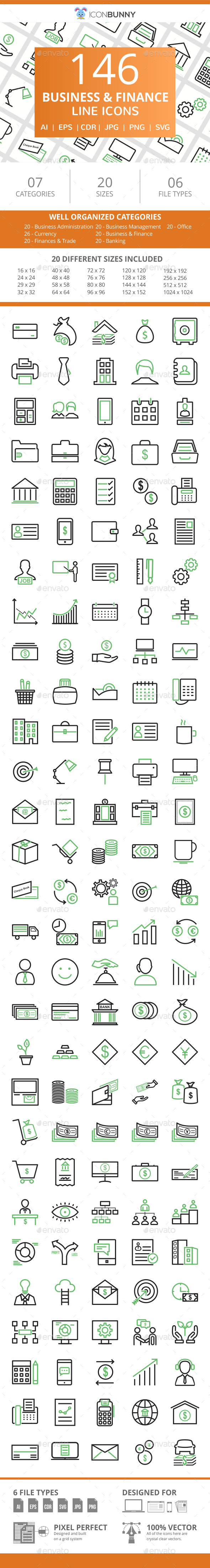 146 Business & Finance Line Green & Black Icons - Icons