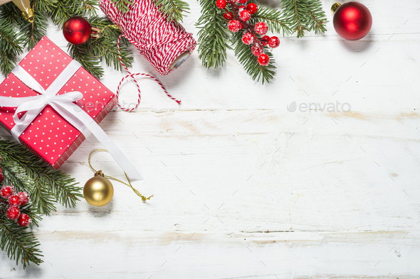 Christmas background with fir tree, present box and decorations Stock ...