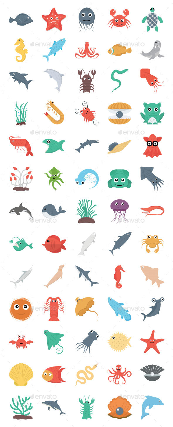 65 Flat Underwater Life Icons - Icons