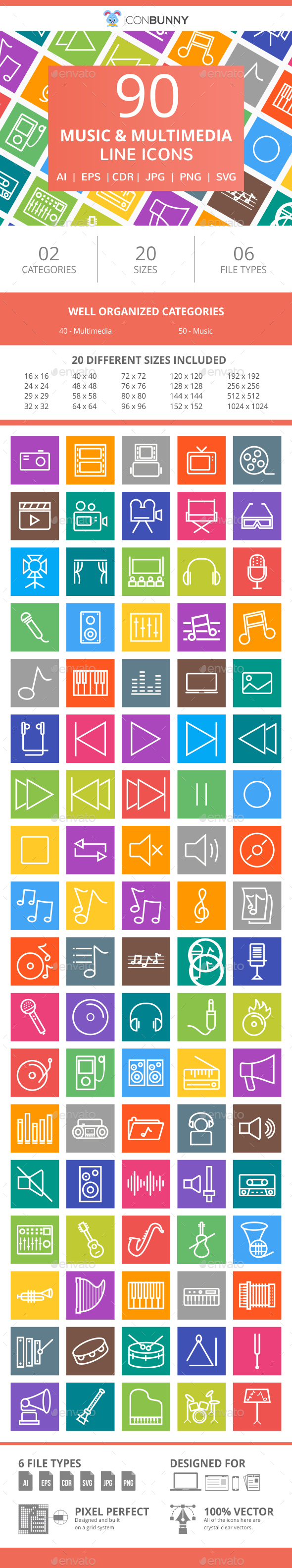 90 Music & Multimedia Line Multicolor B/G Icons - Icons