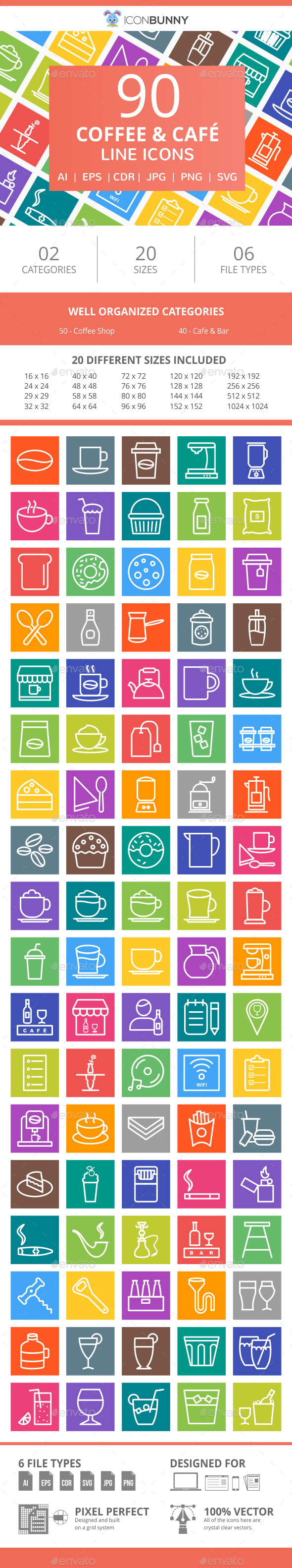 90 Coffee & Cafe Line Multicolor B/G Icons - Icons