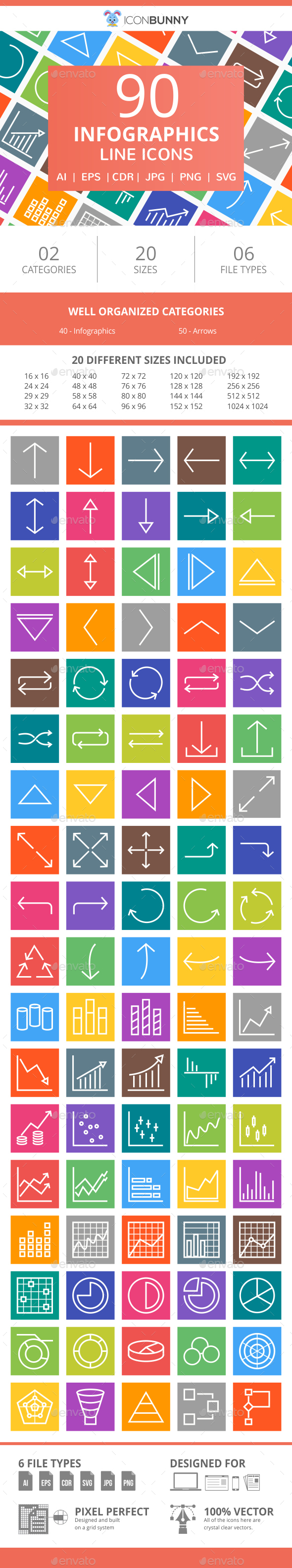 90 Infographics Line Multicolor B/G Icons - Icons
