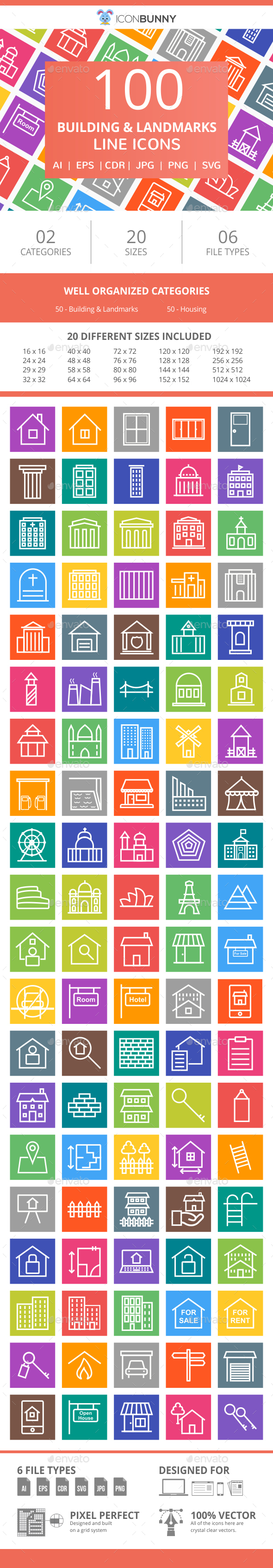 100 Building & Landmarks Line Multicolor B/G Icons - Icons
