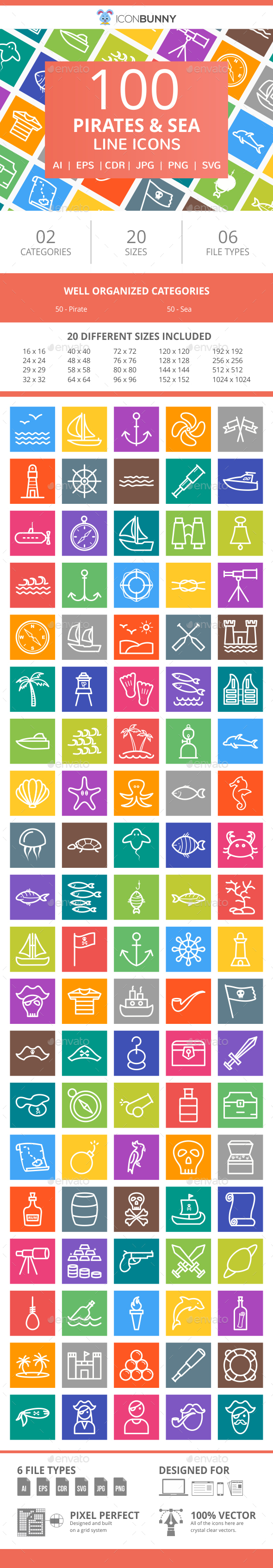100 Pirate & Sea Line Multicolor B/G Icons - Icons