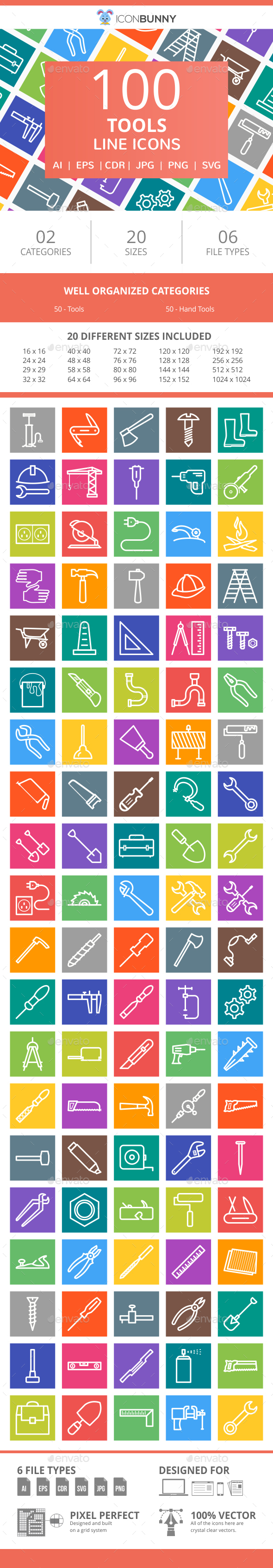 100 Tools Line Multicolor B/G Icons - Icons
