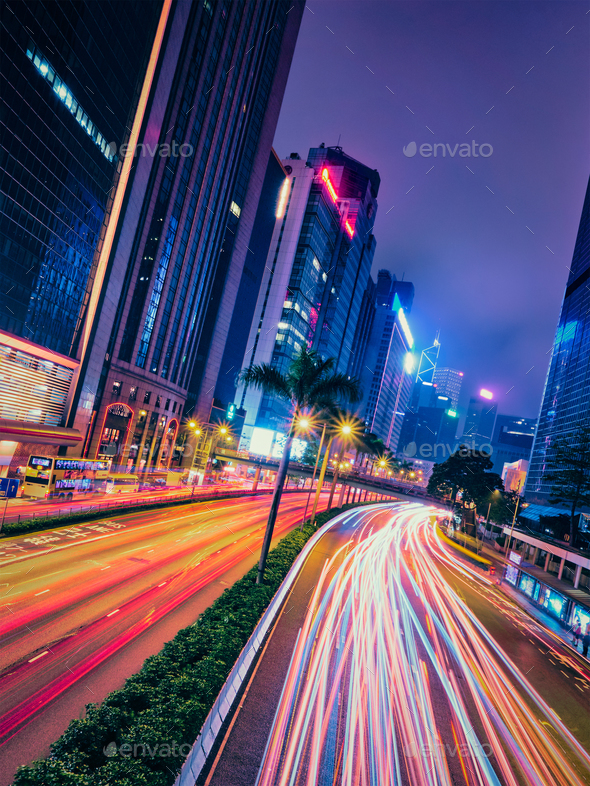 Street traffic in Hong Kong at night - Stock Photo - Images