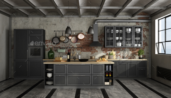 Retro black kitchen in a old room - Stock Photo - Images