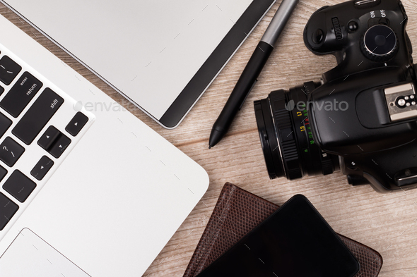Close-up view of photographer of graphic designer workplace - Stock Photo - Images
