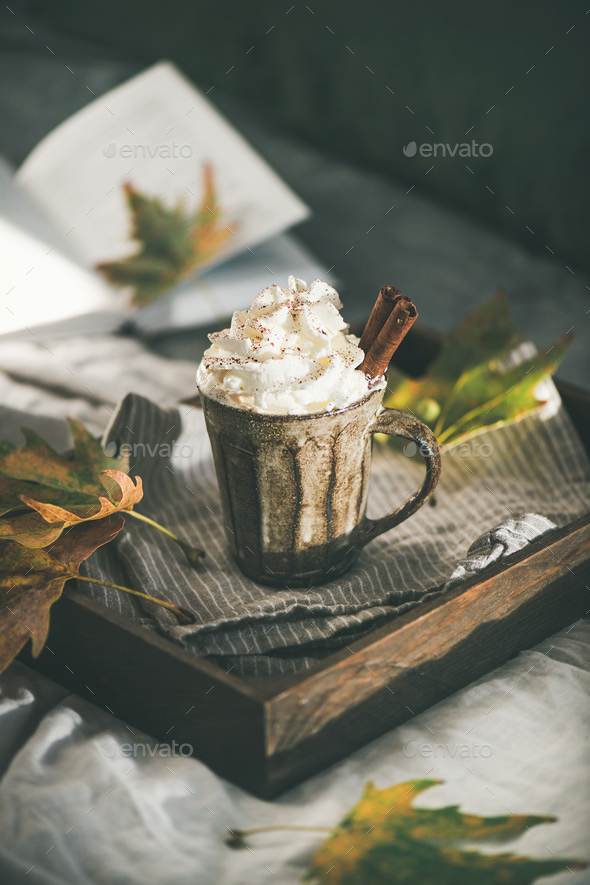 Autumn Hot chocolate with whipped cream and cinnamon in bed