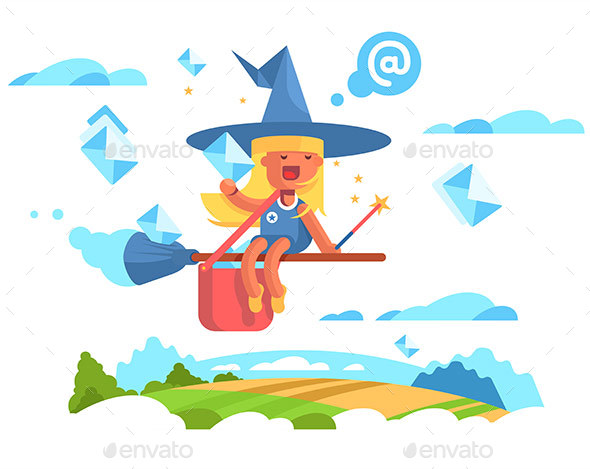 Postal Fairy Woman Flying on a Broom - Miscellaneous Vectors