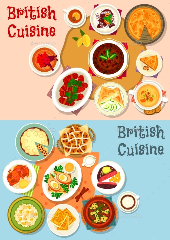 British Cuisine Popular Dishes Icon Set Design - Food Objects