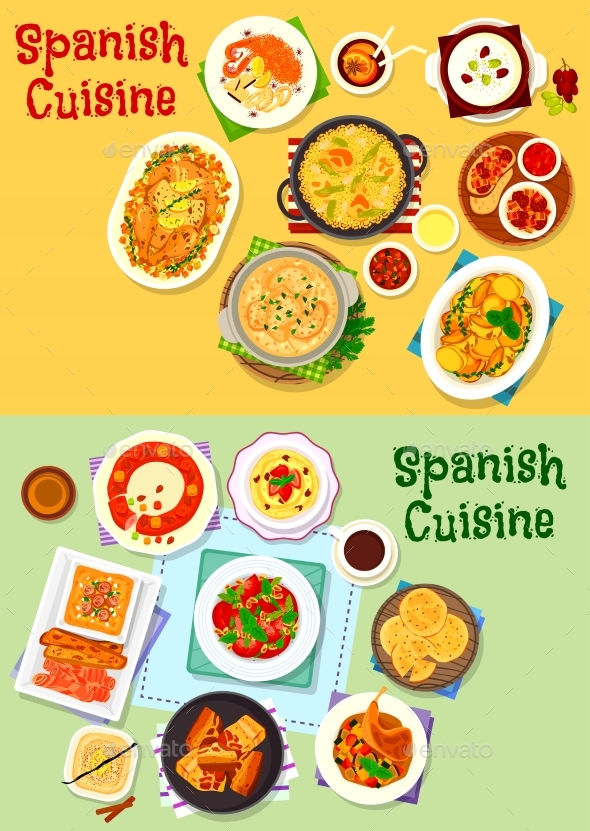 Spanish Cuisine National Dishes Icon Set Design - Food Objects