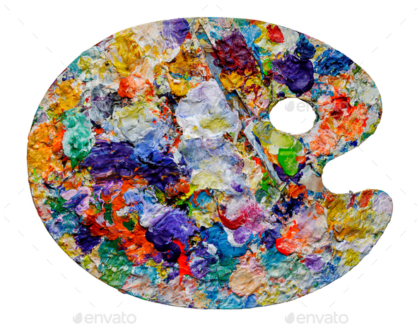 Artist palette with colorful paint spots Stock Photo by sergeyskleznev