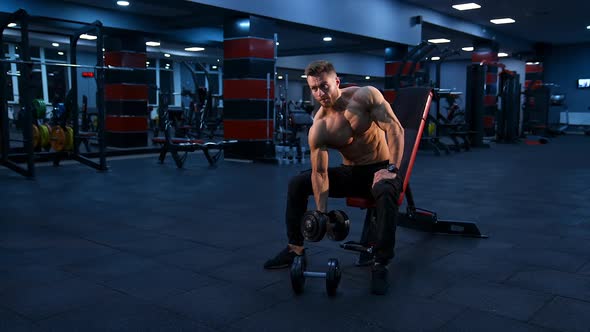 Young muscular man doing hard exercise with dumbbells alt