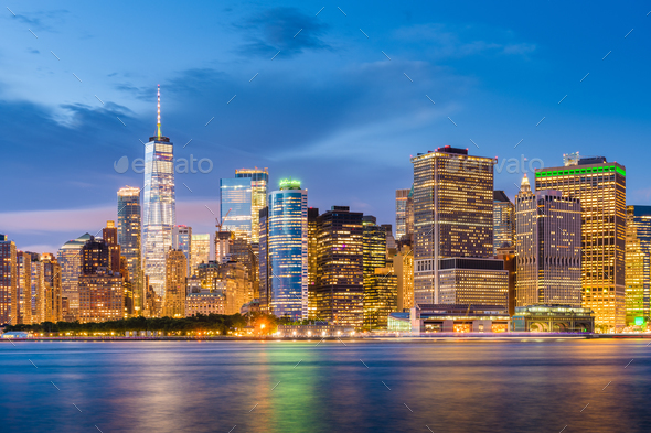 Lower Manhattan Skyline from New York Bay - Stock Photo - Images