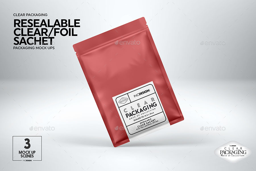 Resealable Clear Foil Sachets Packaging Mockup by incybautista GraphicRiver