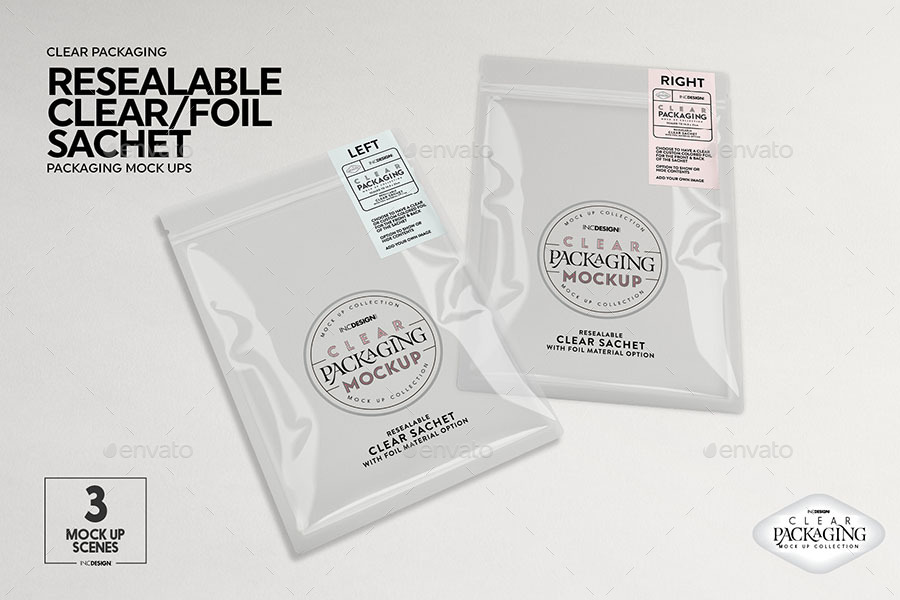 Resealable Clear Foil Sachets Packaging Mockup by incybautista GraphicRiver