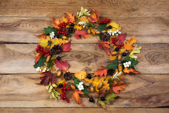 Fall wreath with viburnum and black berries - Stock Photo - Images