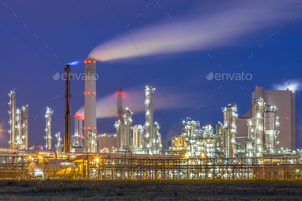 Modern chemical plant at night