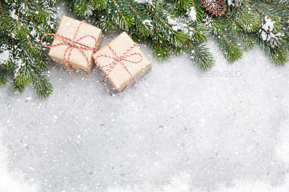 Christmas gift boxes and xmax fir tree - Stock Photo - Images