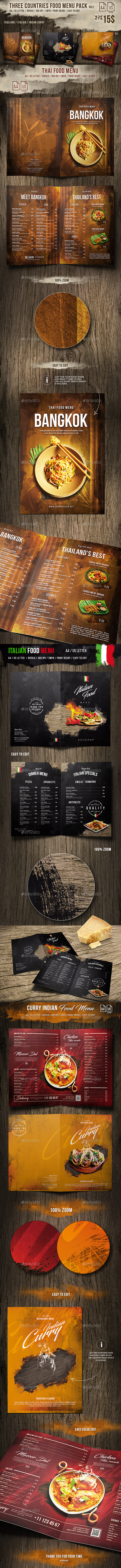 Three Countries Menu Pack vol-2 - A4 and US Letter - Food Menus Print Templates
