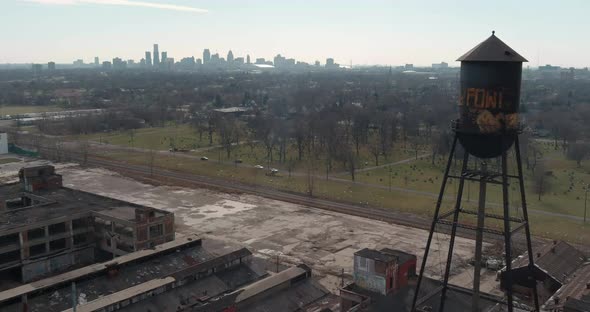 Aerial view of the dilapidated Packard Automotive Plant in Detroit, Michigan.This video was filmed i alt