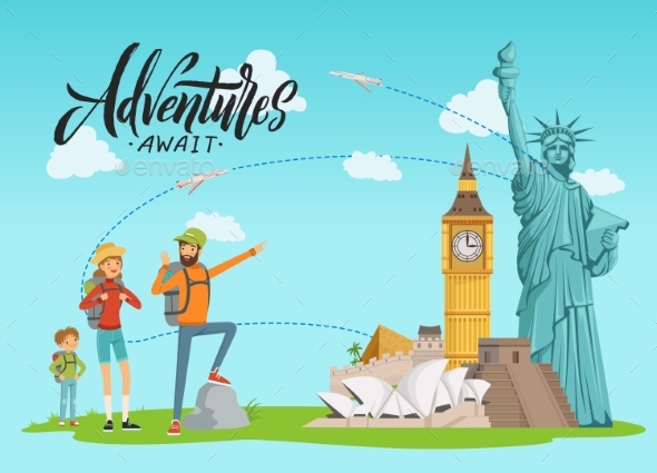 Vector Concept Illustration with World Sights - People Characters