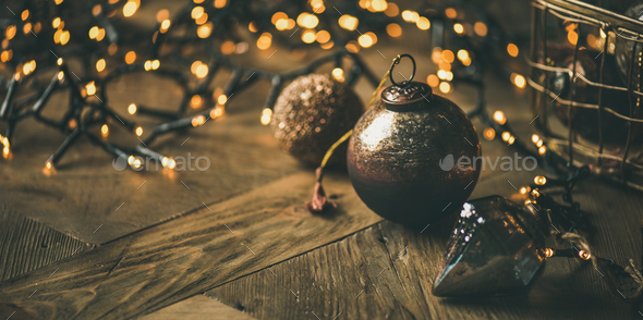 Christmas tree toy decoration balls and light garland, copy space - Stock Photo - Images