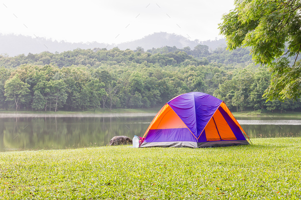 Dome tents camping at lake side _-4