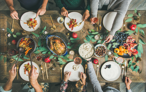 Traditional Christmas, New Year holiday celebration party dinner - Stock Photo - Images