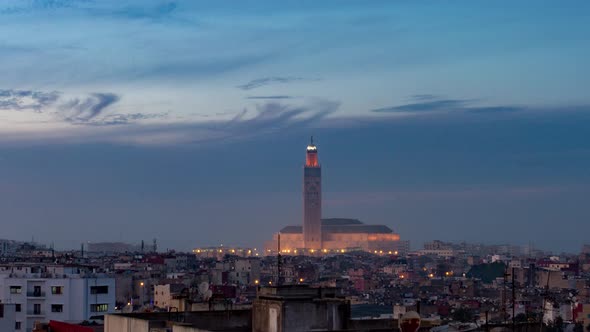 Hassan II Mosque From Hotel Rooftop Sunset and Sunrise- Casablanca, Morocco alt